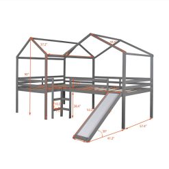 Full-Size House-Shaped Loft Bed Frame With Slide, Ladder, And Wooden Slats Support, No Box Spring Required, For Kids, Teens, Boys, Girls (Frame Only) - Gray -NEWTRAL Sales Shop Full size Loft Bed Wood Bed with Roof Slide Guardrail House Bed Gray 471592 2