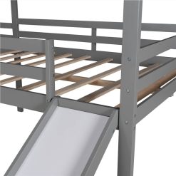 Full-Size House-Shaped Loft Bed Frame With Slide, Ladder, And Wooden Slats Support, No Box Spring Required, For Kids, Teens, Boys, Girls (Frame Only) - Gray -NEWTRAL Sales Shop Full size Loft Bed Wood Bed with Roof Slide Guardrail House Bed Gray 471592 5