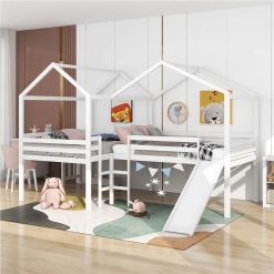 Full-Size House-Shaped Loft Bed Frame With Slide, Ladder, And Wooden Slats Support, No Box Spring Required, For Kids, Teens, Boys, Girls (Frame Only) - White