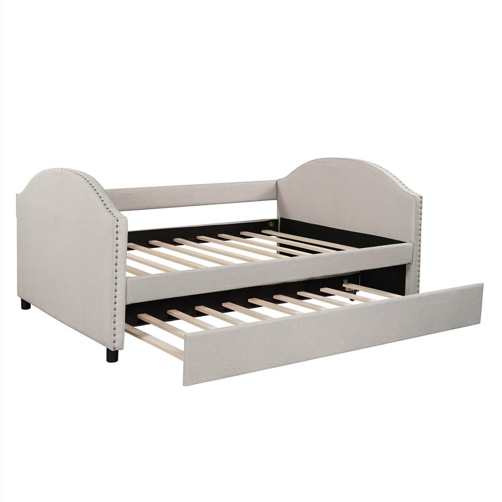 Full-Size Fabric Upholstered Daybed with Twin-Size Trundle Bed, and Wooden Slats Support, Space-saving Design, No Box Spring Needed - Beige Full-Size Fabric Upholstered Daybed With Twin-Size Trundle Bed, And Wooden Slats Support, Space-saving Design, No Box Spring Needed - Beige -NEWTRAL Sales Shop Full size Upholstered Daybed with Twin Size Trundle Wood Slat Support Beige 460970 0