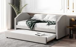 Full-Size Fabric Upholstered Daybed With Twin-Size Trundle Bed, And Wooden Slats Support, Space-saving Design, No Box Spring Needed - Beige