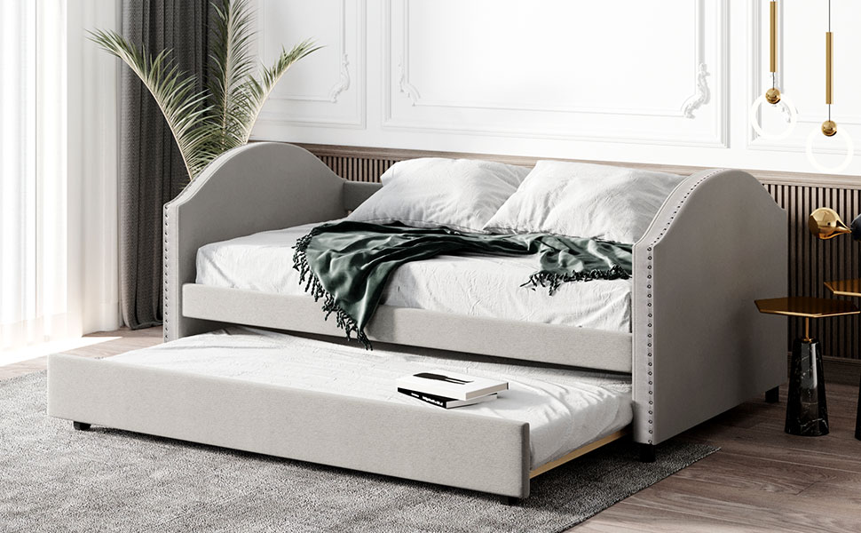 Full-Size Fabric Upholstered Daybed with Twin-Size Trundle Bed, and Wooden Slats Support, Space-saving Design, No Box Spring Needed - Beige Full-Size Fabric Upholstered Daybed With Twin-Size Trundle Bed, And Wooden Slats Support, Space-saving Design, No Box Spring Needed - Beige -NEWTRAL Sales Shop Full size Upholstered Daybed with Twin Size Trundle Wood Slat Support Beige 460970 7