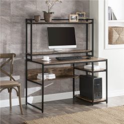 Home Office Computer Desk With Bookshelf & Detachable Display Riser & CPU Bracket - Brown