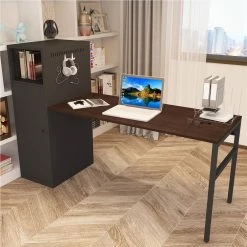 Home Office Computer Desk With Metal Storage Cabinet And MDF Tabletop, For Game Room, Office, Study Room - Black