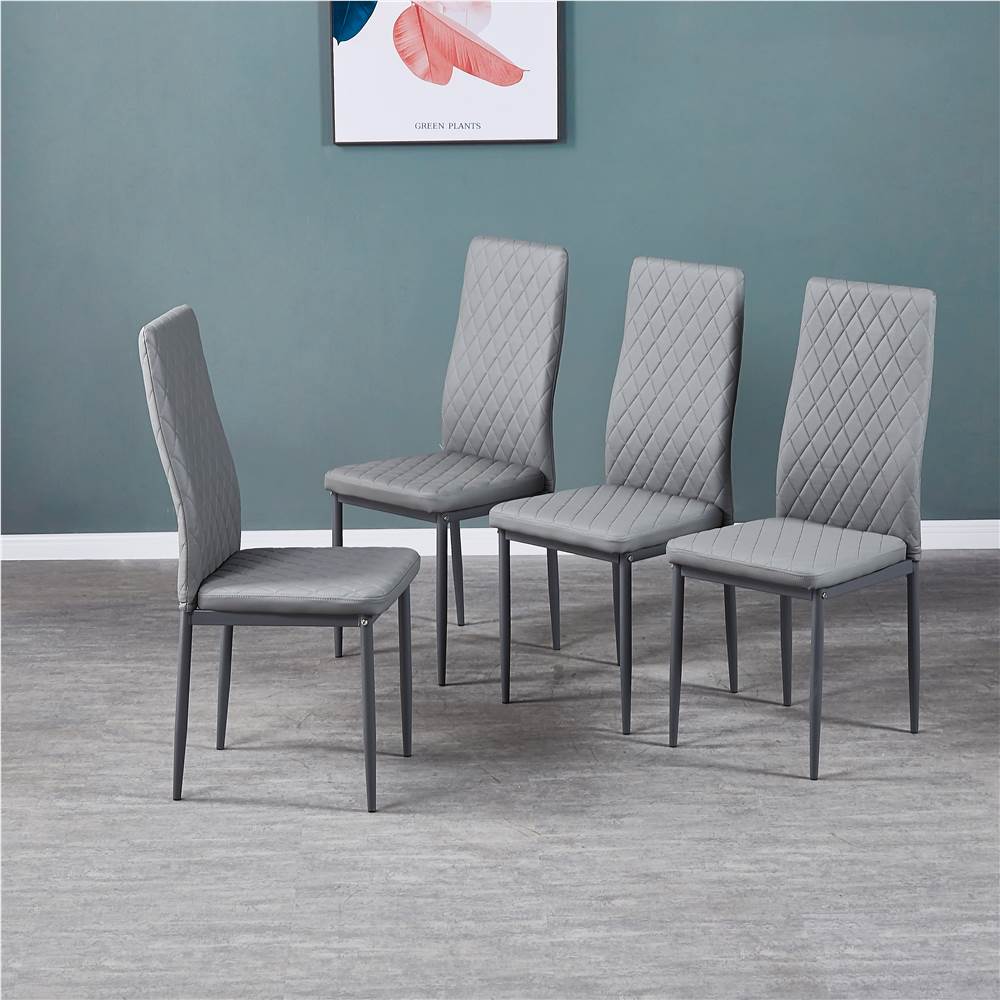 Diamond Grid Pattern Fire-retardant Leather Armless Chair Set of 4, Sprayed Metal Pipe Legs for Kitchen, Living Room, Office, Bedroom - Gray Diamond Grid Pattern Fire-retardant Leather Armless Chair Set Of 4, Sprayed Metal Pipe Legs For Kitchen, Living Room, Office, Bedroom - Gray -NEWTRAL Sales Shop Light Gray modern minimalist dining chair fireproof leather sprayed metal pipe diamond grid pattern restaurant home conference chair set of 4 456582 0