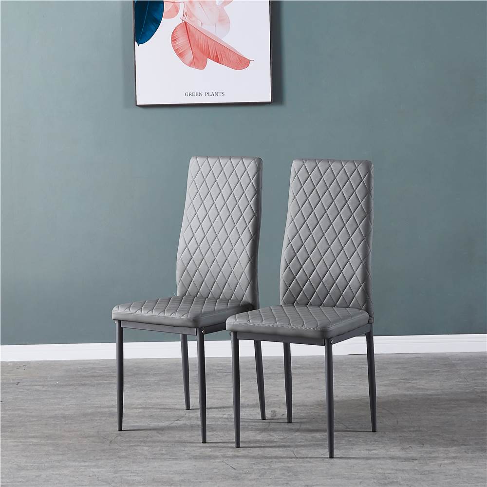 Diamond Grid Pattern Fire-retardant Leather Armless Chair Set of 4, Sprayed Metal Pipe Legs for Kitchen, Living Room, Office, Bedroom - Gray Diamond Grid Pattern Fire-retardant Leather Armless Chair Set Of 4, Sprayed Metal Pipe Legs For Kitchen, Living Room, Office, Bedroom - Gray -NEWTRAL Sales Shop Light Gray modern minimalist dining chair fireproof leather sprayed metal pipe diamond grid pattern restaurant home conference chair set of 4 456582 2