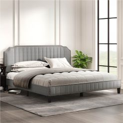 King Size Solid Wooden Upholstered Bed Frame With Linen Headboard And Nailhead Trim - Gray