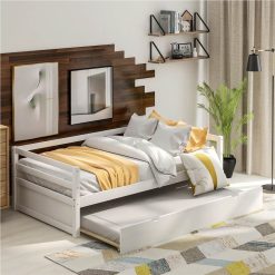 Twin Size Wooden Daybed With Trundle Bed And Wooden Slats Support, No Need For Spring Box, For Living Room, Bedroom, Office, Apartment - White