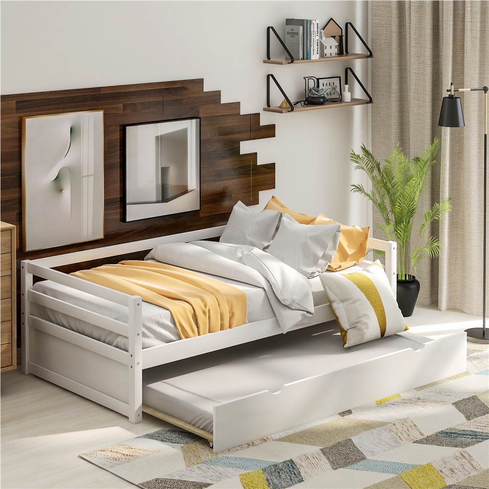 Twin Size Wooden Daybed with Trundle Bed and Wooden Slats Support, No Need for Spring Box, for Living Room, Bedroom, Office, Apartment - White Twin Size Wooden Daybed With Trundle Bed And Wooden Slats Support, No Need For Spring Box, For Living Room, Bedroom, Office, Apartment - White -NEWTRAL Sales Shop Not allowed to sell to Walmart Daybed with Trundle Frame Set Twin Size White 459224 0