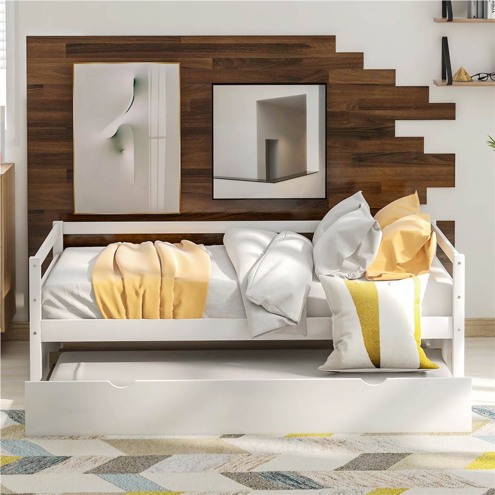 Twin Size Wooden Daybed with Trundle Bed and Wooden Slats Support, No Need for Spring Box, for Living Room, Bedroom, Office, Apartment - White Twin Size Wooden Daybed With Trundle Bed And Wooden Slats Support, No Need For Spring Box, For Living Room, Bedroom, Office, Apartment - White -NEWTRAL Sales Shop Not allowed to sell to Walmart Daybed with Trundle Frame Set Twin Size White 459224 1