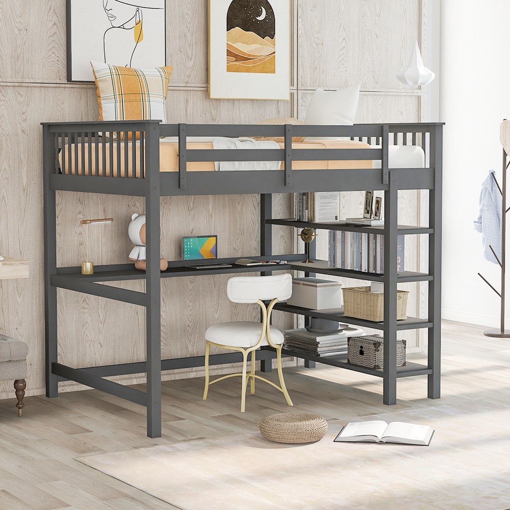Full Size Wooden Loft Bed Frame with Storage Shelves and Desk, Space-saving Design, No Need for Spring Box - Gray Full Size Wooden Loft Bed Frame With Storage Shelves And Desk, Space-saving Design, No Need For Spring Box - Gray -NEWTRAL Sales Shop Not allowed to sell to Walmart Rubber Wooden Full Size Loft Bed with Storage Shelves and Under bed Desk Gray 471623 4