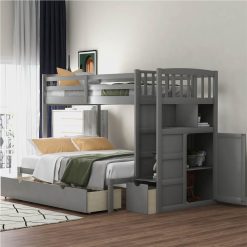 Twin-Over-Twin Size Wooden Bunk Bed Frame, Convertible Bottom Bed, With Storage Stairs And Drawer - Gray