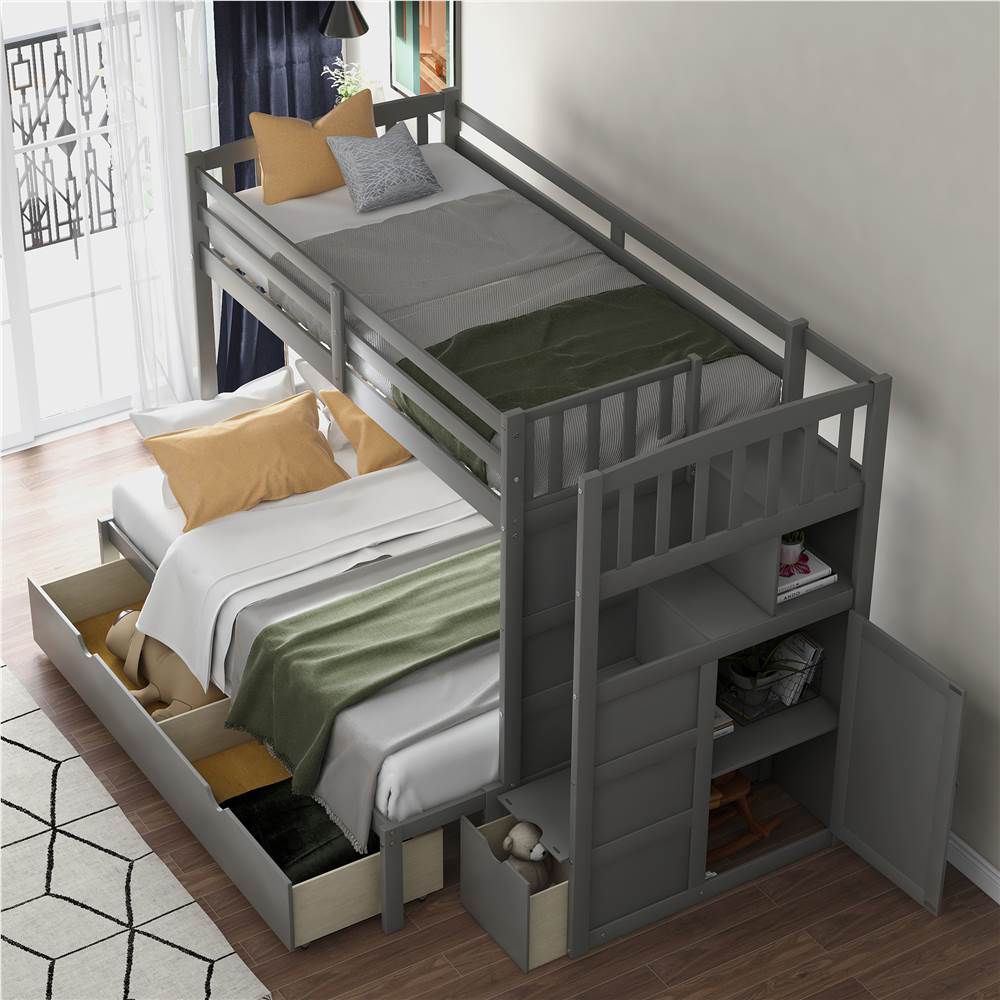 Twin-Over-Twin Size Wooden Bunk Bed Frame, Convertible Bottom Bed, with Storage Stairs and Drawer - Gray Twin-Over-Twin Size Wooden Bunk Bed Frame, Convertible Bottom Bed, With Storage Stairs And Drawer - Gray -NEWTRAL Sales Shop Not allowed to sell to Walmart Twin Over Full Twin Bunk Bed Convertible Bottom Bed Storage Shelves and Drawers Gray New 457130 1
