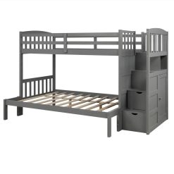 Twin-Over-Twin Size Wooden Bunk Bed Frame, Convertible Bottom Bed, With Storage Stairs And Drawer - Gray 3 Twin-Over-Twin Size Wooden Bunk Bed Frame, Convertible Bottom Bed, With Storage Stairs And Drawer - Gray -NEWTRAL Sales Shop Not allowed to sell to Walmart Twin Over Full Twin Bunk Bed Convertible Bottom Bed Storage Shelves and Drawers Gray New 457130 3