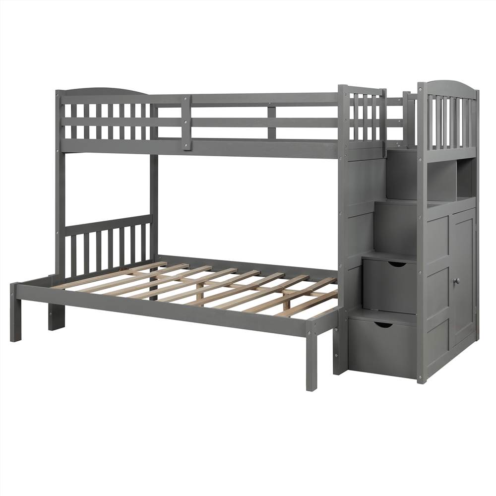 Twin-Over-Twin Size Wooden Bunk Bed Frame, Convertible Bottom Bed, with Storage Stairs and Drawer - Gray Twin-Over-Twin Size Wooden Bunk Bed Frame, Convertible Bottom Bed, With Storage Stairs And Drawer - Gray -NEWTRAL Sales Shop Not allowed to sell to Walmart Twin Over Full Twin Bunk Bed Convertible Bottom Bed Storage Shelves and Drawers Gray New 457130 3
