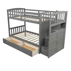 Twin-Over-Twin Size Wooden Bunk Bed Frame, Convertible Bottom Bed, With Storage Stairs And Drawer - Gray 5 Twin-Over-Twin Size Wooden Bunk Bed Frame, Convertible Bottom Bed, With Storage Stairs And Drawer - Gray -NEWTRAL Sales Shop Not allowed to sell to Walmart Twin Over Full Twin Bunk Bed Convertible Bottom Bed Storage Shelves and Drawers Gray New 457130 5