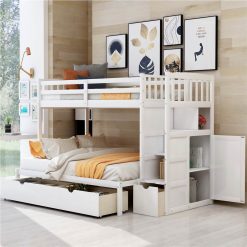 Twin-Over-Twin/Full Size Wooden Bunk Bed Frame, Convertible Bottom Bed, With Storage Stairs And Drawer - White