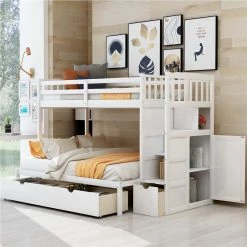 NEWTRAL Sales Shop 6 Twin-Over-Twin/Full Size Wooden Bunk Bed Frame, Convertible Bottom Bed, With Storage Stairs And Drawer - White