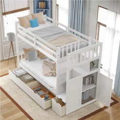 Twin-Over-Twin/Full Size Wooden Bunk Bed Frame, Convertible Bottom Bed, With Storage Stairs And Drawer - White -NEWTRAL Sales Shop Not allowed to sell to Walmart Twin Over Full Twin Bunk Bed Convertible Bottom Bed Storage Shelves and Drawers White New 457129 2