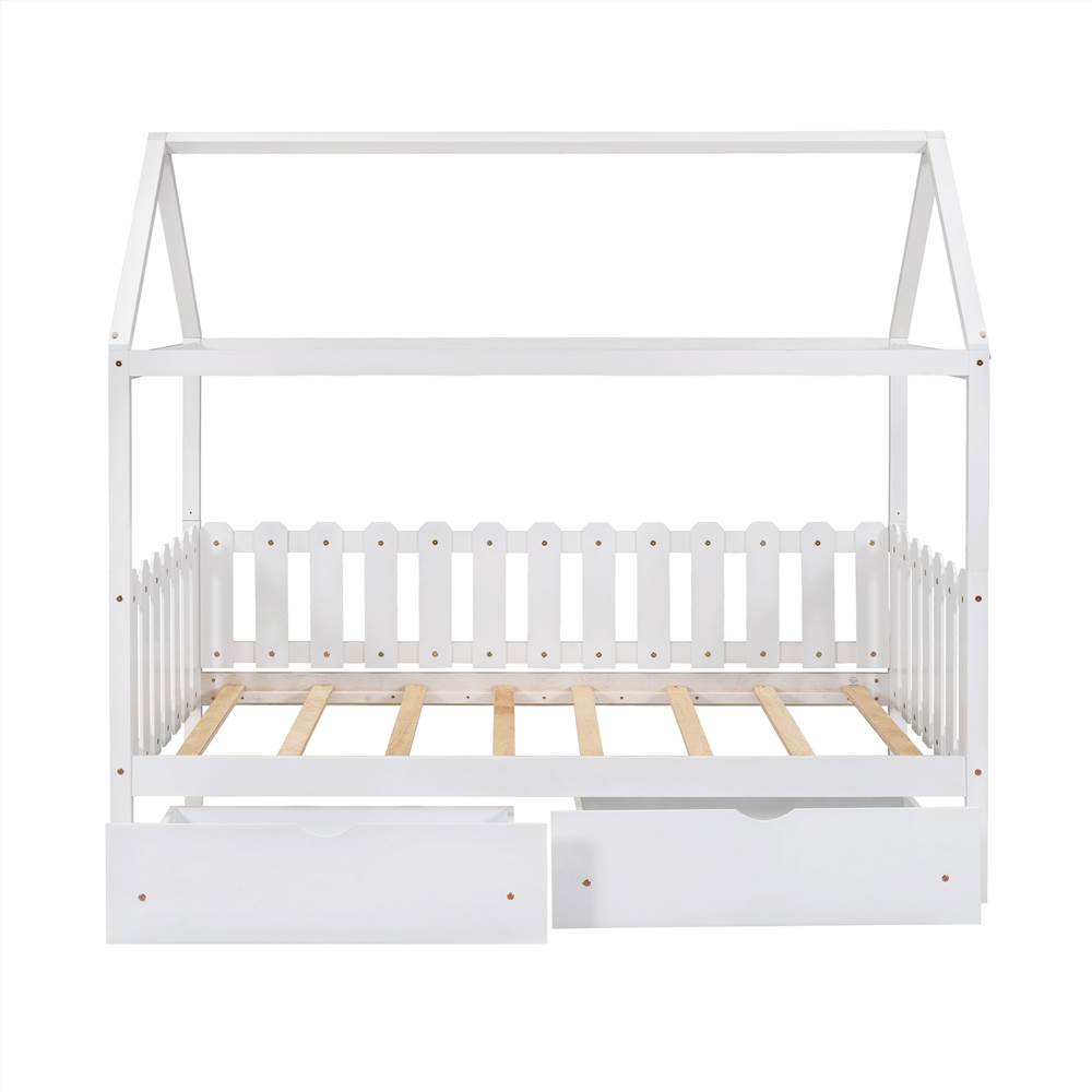 Twin Size House-Shaped Platform Bed Frame with 2 Storage Drawers, Fence-shaped Guardrail, and Wooden Slats Support, No Box Spring Needed (Only Frame) - White Twin Size House-Shaped Platform Bed Frame With 2 Storage Drawers, Fence-shaped Guardrail, And Wooden Slats Support, No Box Spring Needed (Only Frame) - White -NEWTRAL Sales Shop Not allowed to sell to Walmart Twin Size House Bed with drawers Fence shaped Guardrail White Expected arrival time 5 25 472201 0