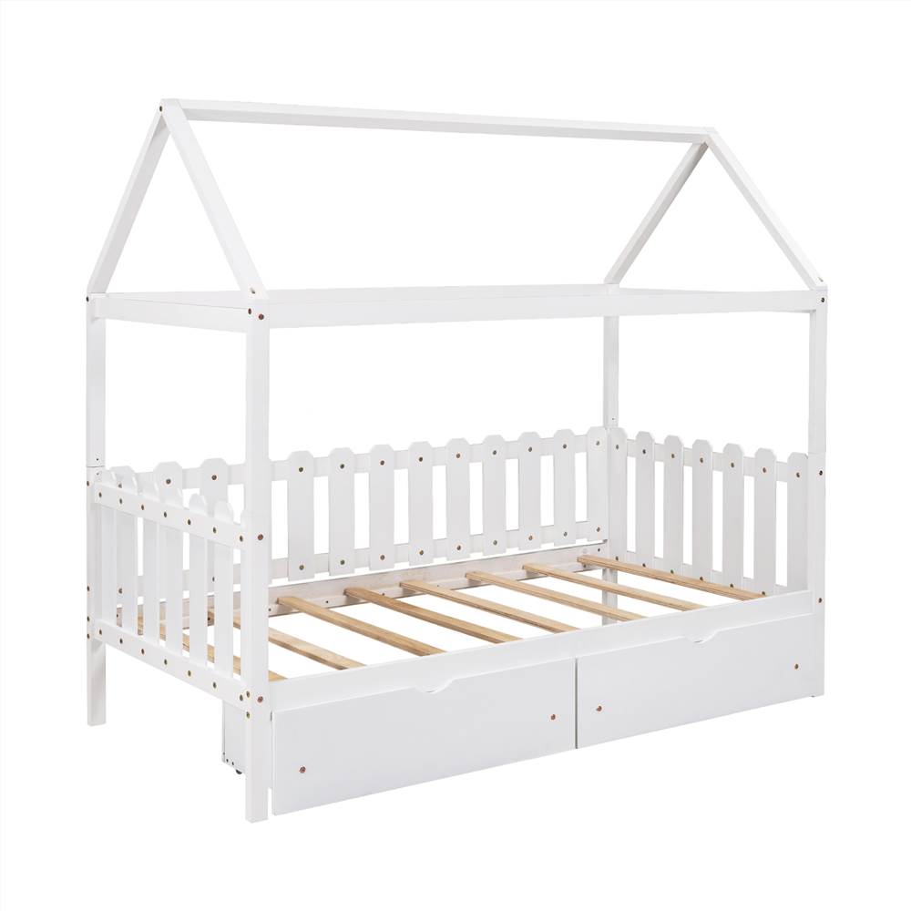 Twin Size House-Shaped Platform Bed Frame with 2 Storage Drawers, Fence-shaped Guardrail, and Wooden Slats Support, No Box Spring Needed (Only Frame) - White Twin Size House-Shaped Platform Bed Frame With 2 Storage Drawers, Fence-shaped Guardrail, And Wooden Slats Support, No Box Spring Needed (Only Frame) - White -NEWTRAL Sales Shop Not allowed to sell to Walmart Twin Size House Bed with drawers Fence shaped Guardrail White Expected arrival time 5 25 472201 1