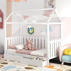 Twin Size House-Shaped Platform Bed Frame With 2 Storage Drawers, Fence-shaped Guardrail, And Wooden Slats Support, No Box Spring Needed (Only Frame) - White