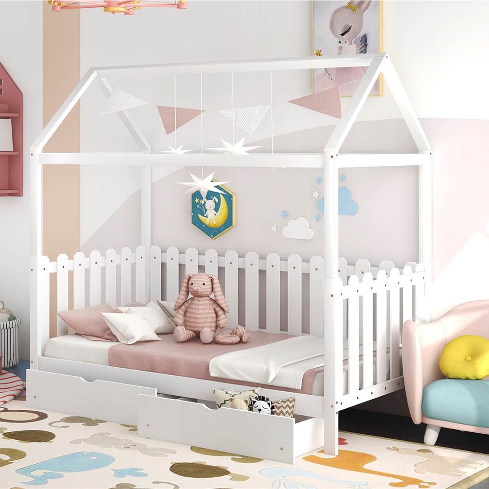 Twin Size House-Shaped Platform Bed Frame with 2 Storage Drawers, Fence-shaped Guardrail, and Wooden Slats Support, No Box Spring Needed (Only Frame) - White Twin Size House-Shaped Platform Bed Frame With 2 Storage Drawers, Fence-shaped Guardrail, And Wooden Slats Support, No Box Spring Needed (Only Frame) - White -NEWTRAL Sales Shop Not allowed to sell to Walmart Twin Size House Bed with drawers Fence shaped Guardrail White Expected arrival time 5 25 472201 6