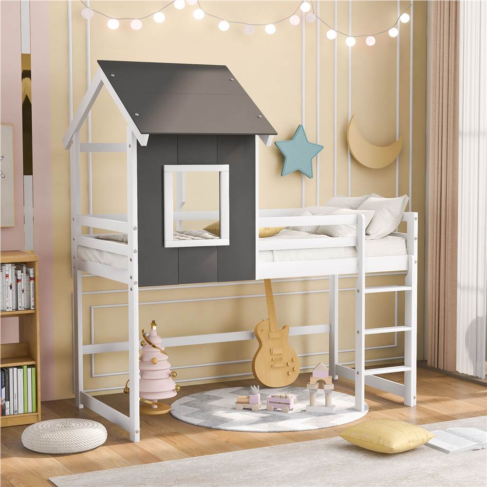 Twin Size Wooden Loft Bed Frame with Roof and Wooden Slats Support, Space-saving Design, No Need for Spring Box - Gray + White Twin Size Wooden Loft Bed Frame With Roof And Wooden Slats Support, Space-saving Design, No Need For Spring Box - Gray + White -NEWTRAL Sales Shop Not allowed to sell to Walmart Twin Size Loft Bed with Roof House Bed Gray and White New expected to arrive on February 22 459215 0