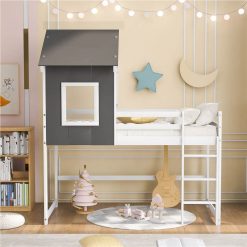 Twin Size Wooden Loft Bed Frame With Roof And Wooden Slats Support, Space-saving Design, No Need For Spring Box - Gray + White