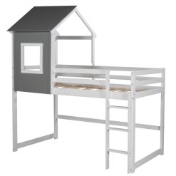 Twin Size Wooden Loft Bed Frame With Roof And Wooden Slats Support, Space-saving Design, No Need For Spring Box - Gray + White 4 Twin Size Wooden Loft Bed Frame With Roof And Wooden Slats Support, Space-saving Design, No Need For Spring Box - Gray + White -NEWTRAL Sales Shop Not allowed to sell to Walmart Twin Size Loft Bed with Roof House Bed Gray and White New expected to arrive on February 22 459215 4