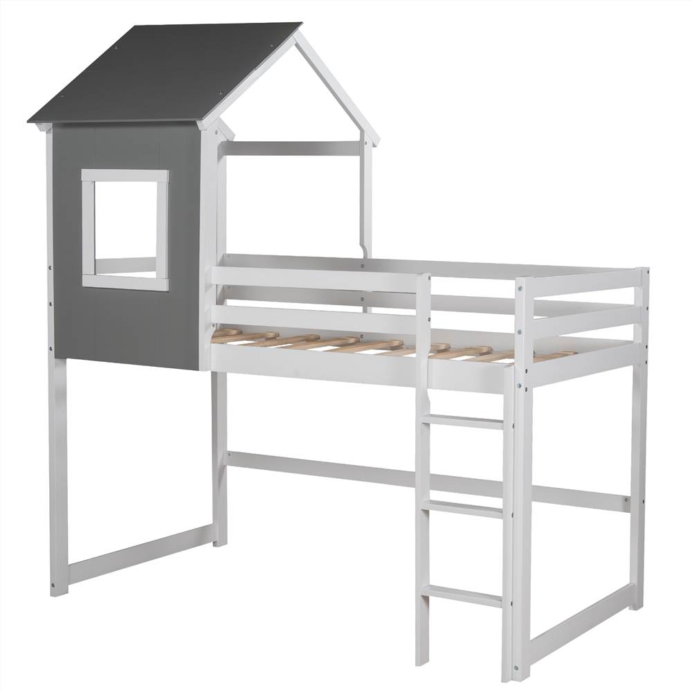Twin Size Wooden Loft Bed Frame with Roof and Wooden Slats Support, Space-saving Design, No Need for Spring Box - Gray + White Twin Size Wooden Loft Bed Frame With Roof And Wooden Slats Support, Space-saving Design, No Need For Spring Box - Gray + White -NEWTRAL Sales Shop Not allowed to sell to Walmart Twin Size Loft Bed with Roof House Bed Gray and White New expected to arrive on February 22 459215 4