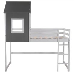 Twin Size Wooden Loft Bed Frame With Roof And Wooden Slats Support, Space-saving Design, No Need For Spring Box - Gray + White 5 Twin Size Wooden Loft Bed Frame With Roof And Wooden Slats Support, Space-saving Design, No Need For Spring Box - Gray + White -NEWTRAL Sales Shop Not allowed to sell to Walmart Twin Size Loft Bed with Roof House Bed Gray and White New expected to arrive on February 22 459215 5