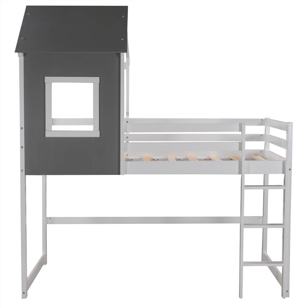 Twin Size Wooden Loft Bed Frame with Roof and Wooden Slats Support, Space-saving Design, No Need for Spring Box - Gray + White Twin Size Wooden Loft Bed Frame With Roof And Wooden Slats Support, Space-saving Design, No Need For Spring Box - Gray + White -NEWTRAL Sales Shop Not allowed to sell to Walmart Twin Size Loft Bed with Roof House Bed Gray and White New expected to arrive on February 22 459215 5