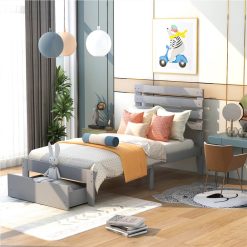 Twin Size Wooden Platform Bed Frame With 2 Storage Drawers - Gray