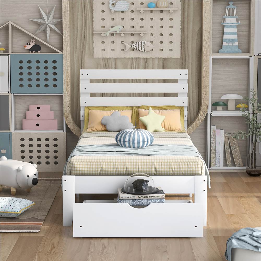 Twin Size Wooden Platform Bed Frame with 2 Storage Drawers - White Twin Size Wooden Platform Bed Frame With 2 Storage Drawers - White -NEWTRAL Sales Shop Not allowed to sell to Walmart Twin Size Platform Bed with Drawer White New 458909 3