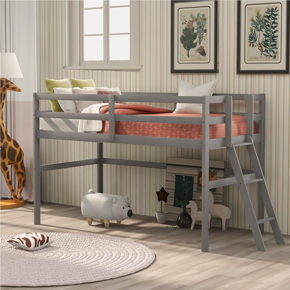 Twin-Size Loft Bed Frame with Ladder, and Wooden Slats Support, for Kids, Teens, Boys, Girls (Frame Only) - Gray Twin-Size Loft Bed Frame With Ladder, And Wooden Slats Support, For Kids, Teens, Boys, Girls (Frame Only) - Gray -NEWTRAL Sales Shop Not allowed to sell to Walmart Wooden Twin Size Low Loft Bed with Ladder Gray New 469050 0