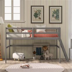 Twin-Size Loft Bed Frame With Ladder, And Wooden Slats Support, For Kids, Teens, Boys, Girls (Frame Only) - Gray