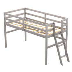 Twin-Size Loft Bed Frame With Ladder, And Wooden Slats Support, For Kids, Teens, Boys, Girls (Frame Only) - Gray 4 Twin-Size Loft Bed Frame With Ladder, And Wooden Slats Support, For Kids, Teens, Boys, Girls (Frame Only) - Gray -NEWTRAL Sales Shop Not allowed to sell to Walmart Wooden Twin Size Low Loft Bed with Ladder Gray New 469050 3