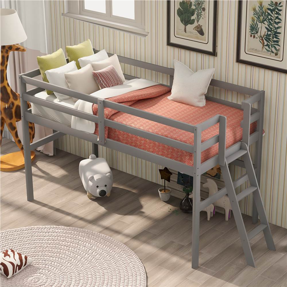Twin-Size Loft Bed Frame with Ladder, and Wooden Slats Support, for Kids, Teens, Boys, Girls (Frame Only) - Gray Twin-Size Loft Bed Frame With Ladder, And Wooden Slats Support, For Kids, Teens, Boys, Girls (Frame Only) - Gray -NEWTRAL Sales Shop Not allowed to sell to Walmart Wooden Twin Size Low Loft Bed with Ladder Gray New 469050 4