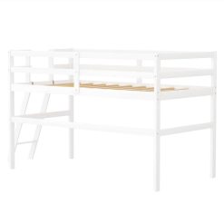 Twin-Size Loft Bed Frame With Ladder, And Wooden Slats Support, For Kids, Teens, Boys, Girls (Frame Only) - White -NEWTRAL Sales Shop Not allowed to sell to Walmart Wooden Twin Size Low Loft Bed with Ladder White New 469051 1