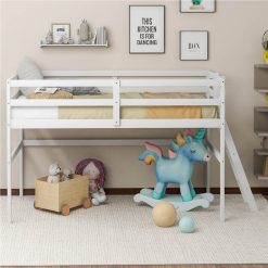 Twin-Size Loft Bed Frame With Ladder, And Wooden Slats Support, For Kids, Teens, Boys, Girls (Frame Only) - White