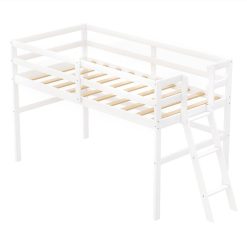 Twin-Size Loft Bed Frame With Ladder, And Wooden Slats Support, For Kids, Teens, Boys, Girls (Frame Only) - White -NEWTRAL Sales Shop Not allowed to sell to Walmart Wooden Twin Size Low Loft Bed with Ladder White New 469051 4