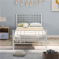 Twin-Size Metal Platform Bed Frame With Headboard And Steel Slats Support, No Box Spring Needed (Only Frame) - White