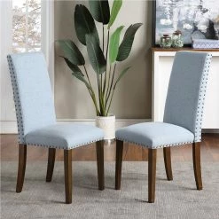 NEWTRAL Sales Shop 33 Orisfur Linen Upholstered Chair Set Of 2, With Copper Nails And Solid Wood Legs For Dining Room, Living Room, Bedroom, Office - Blue