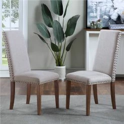 NEWTRAL Sales Shop 29 Orisfur Linen Upholstered Chair Set Of 2, With Copper Nails And Solid Wood Legs For Dining Room, Living Room, Bedroom, Office - Gray