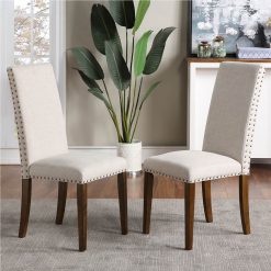 Orisfur Linen Upholstered Chair Set Of 2, With Copper Nails And Solid Wood Legs For Dining Room, Living Room, Bedroom, Office - Beige