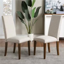 NEWTRAL Sales Shop 39 Orisfur Linen Upholstered Chair Set Of 2, With Copper Nails And Solid Wood Legs For Dining Room, Living Room, Bedroom, Office - Beige