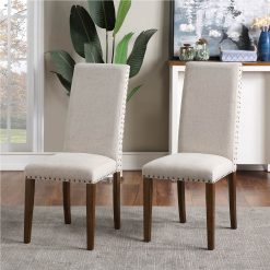 Orisfur Linen Upholstered Chair Set Of 2, With Copper Nails And Solid Wood Legs For Dining Room, Living Room, Bedroom, Office - Beige 2 Orisfur Linen Upholstered Chair Set Of 2, With Copper Nails And Solid Wood Legs For Dining Room, Living Room, Bedroom, Office - Beige -NEWTRAL Sales Shop Orisfur Upholstered Dining Chairs Dining Chairs Set of 2 Fabric Dining Chairs with Copper Nails and Solid Wood Legs 457400 2