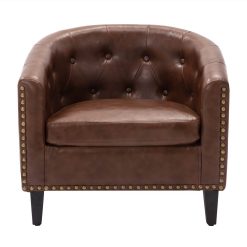 1-Seat PU Leather Sofa With Wooden Frame And Curved Backrest For Living Room, Bedroom, Office, Apartment - Brown 2 1-Seat PU Leather Sofa With Wooden Frame And Curved Backrest For Living Room, Bedroom, Office, Apartment - Brown -NEWTRAL Sales Shop PU Leather Tufted Barrel ChairTub Chair for Living Room Bedroom Club Chairs 458616 1