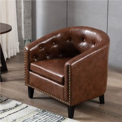1-Seat PU Leather Sofa With Wooden Frame And Curved Backrest For Living Room, Bedroom, Office, Apartment - Brown 3 1-Seat PU Leather Sofa With Wooden Frame And Curved Backrest For Living Room, Bedroom, Office, Apartment - Brown -NEWTRAL Sales Shop PU Leather Tufted Barrel ChairTub Chair for Living Room Bedroom Club Chairs 458616 2